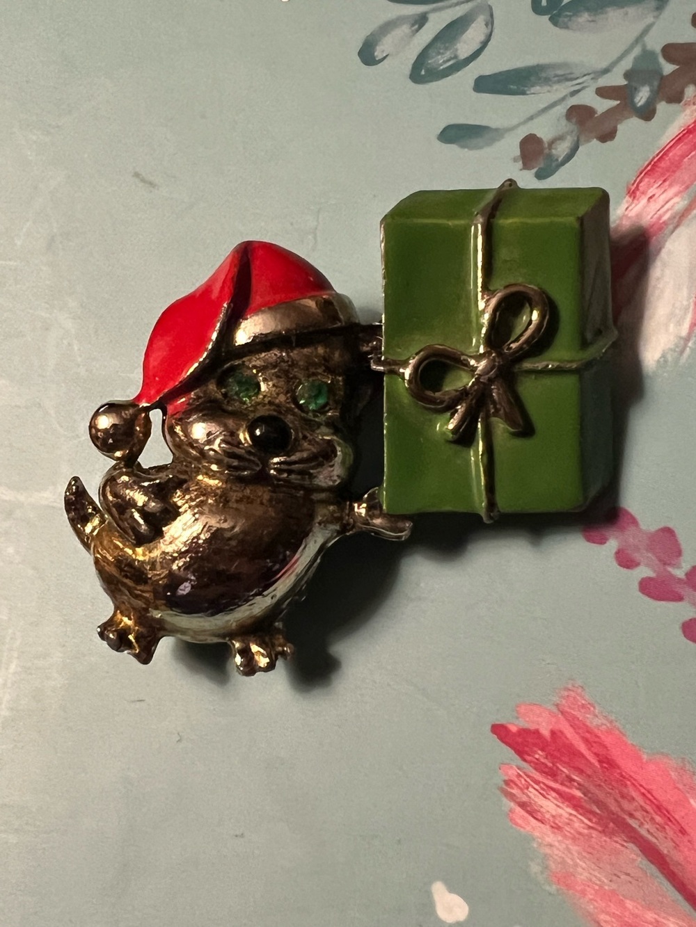 Vintage gold tone and enamel Christmas mouse with gift pin brooch